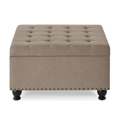 Linen Square Storage Ottoman, Button Tufted Ottoman Coffee Table with Nail Trim & Spindle Wood Legs, 30 inchW x30 inchD x18 inchH