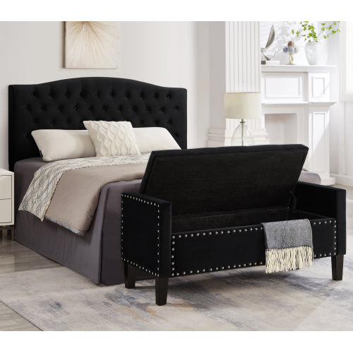 Upholstered Tufted Button Storage Bench with nails trim,Entryway Living Room Soft Padded Seat with Armrest,Bed Bench-Black