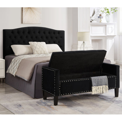 Upholstered Tufted Button Storage Bench with nails trim,Entryway Living Room Soft Padded Seat with Armrest,Bed Bench-Black