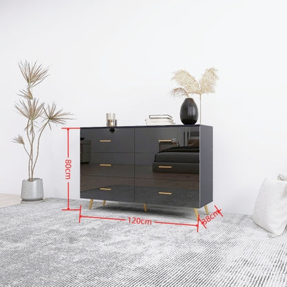Black High Gloss 6-Drawer Storage Chest with Golden Handles & Metal Legs Home Bedroom Vanity Cabinet