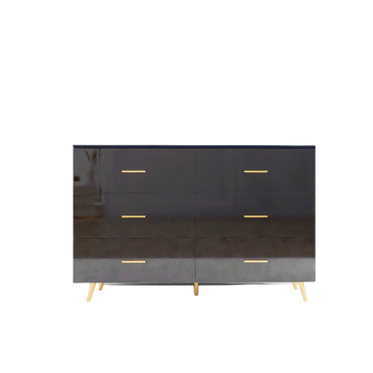 Black High Gloss 6-Drawer Storage Chest with Golden Handles & Metal Legs Home Bedroom Vanity Cabinet