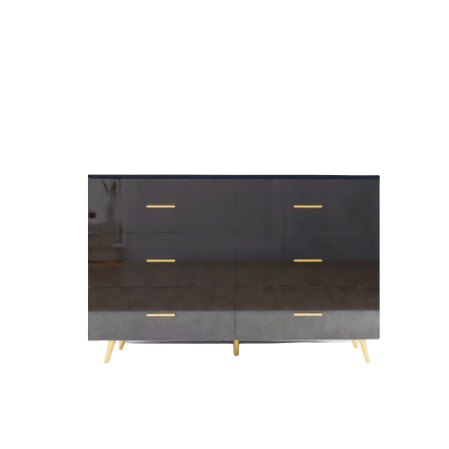 Black High Gloss 6-Drawer Storage Chest with Golden Handles & Metal Legs Home Bedroom Vanity Cabinet