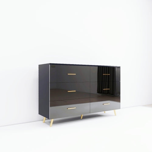 Black High Gloss 6-Drawer Storage Chest with Golden Handles & Metal Legs Home Bedroom Vanity Cabinet