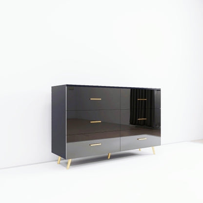 Black High Gloss 6-Drawer Storage Chest with Golden Handles & Metal Legs Home Bedroom Vanity Cabinet
