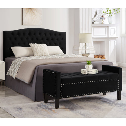 Upholstered Tufted Button Storage Bench with nails trim,Entryway Living Room Soft Padded Seat with Armrest,Bed Bench-Black