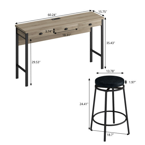 3-Drawer Dining Table Set with Power Outlets, 3 PU Stools, Bar Table Set