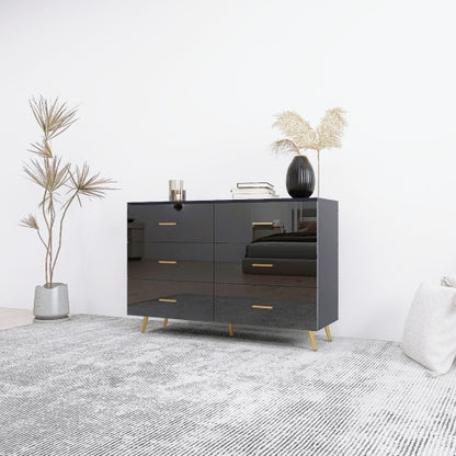 Black High Gloss 6-Drawer Storage Chest with Golden Handles & Metal Legs Home Bedroom Vanity Cabinet
