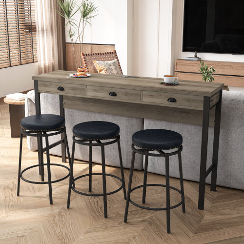 3-Drawer Dining Table Set with Power Outlets, 3 PU Stools, Bar Table Set