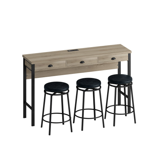 3-Drawer Dining Table Set with Power Outlets, 3 PU Stools, Bar Table Set