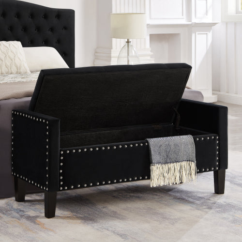 Upholstered Tufted Button Storage Bench with nails trim,Entryway Living Room Soft Padded Seat with Armrest,Bed Bench-Black