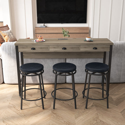 3-Drawer Dining Table Set with Power Outlets, 3 PU Stools, Bar Table Set