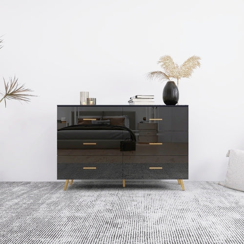 Black High Gloss 6-Drawer Storage Chest with Golden Handles & Metal Legs Home Bedroom Vanity Cabinet