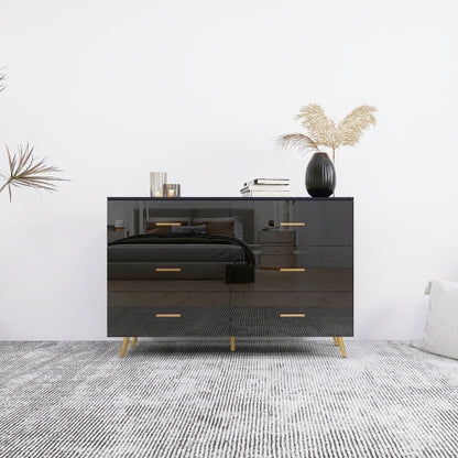 Black High Gloss 6-Drawer Storage Chest with Golden Handles & Metal Legs Home Bedroom Vanity Cabinet