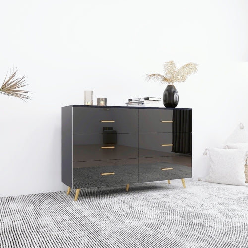 Black High Gloss 6-Drawer Storage Chest with Golden Handles & Metal Legs Home Bedroom Vanity Cabinet