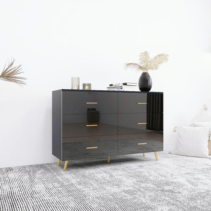 Black High Gloss 6-Drawer Storage Chest with Golden Handles & Metal Legs Home Bedroom Vanity Cabinet