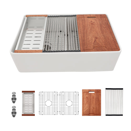 White Farmhouse Sink Workstation - 33 x 20 x 10 inch White Ceramic Porcelain Double Bowl Farm Kitchen Sink