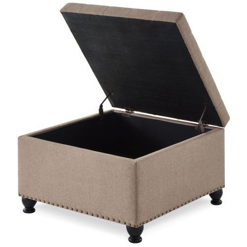 Linen Square Storage Ottoman, Button Tufted Ottoman Coffee Table with Nail Trim & Spindle Wood Legs, 30 inchW x30 inchD x18 inchH