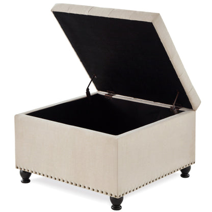 Beige Linen Square Storage Ottoman, Button Tufted Ottoman Coffee Table with Nail Trim & Wooden Legs, 30 inchW x30 inchD x18 inchH