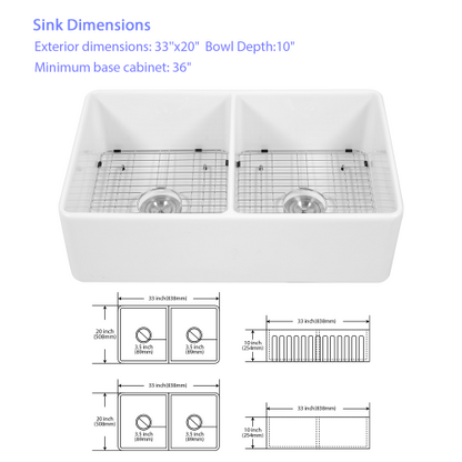White Farmhouse Sink - 33 x 20 x 10 inch White Ceramic Porcelain Double Bowl Reversible Design Farm Kitchen Sink