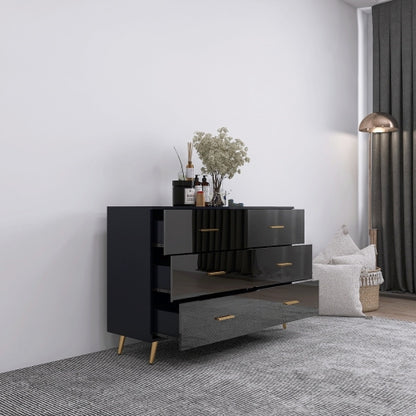 Black High Gloss 6-Drawer Storage Chest with Golden Handles & Metal Legs Home Bedroom Vanity Cabinet