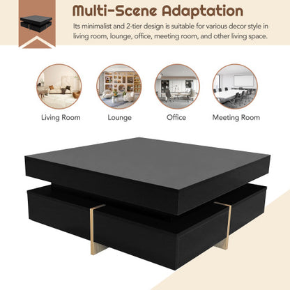 Black Modern High Gloss Square Coffee Table With Four Storage Drawers