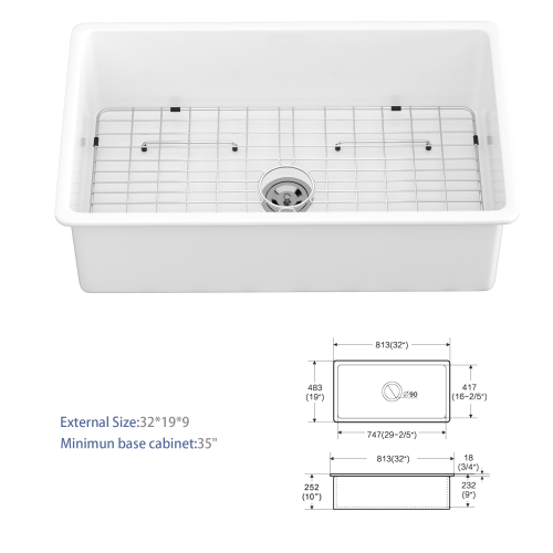 32"x19"x10" Undermount Single Bowl Porcelain Fireclay Kitchen Sink - Dual Mount White Fireclay Rectangular Deep Single Bowl Sink Basin