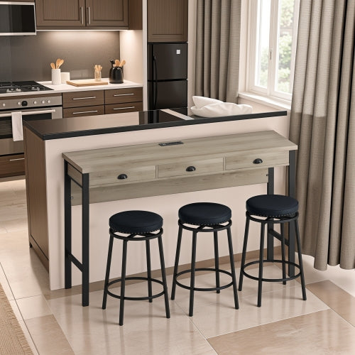 3-Drawer Dining Table Set with Power Outlets, 3 PU Stools, Bar Table Set
