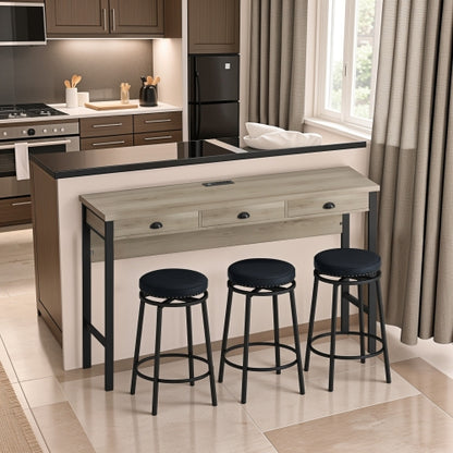 3-Drawer Dining Table Set with Power Outlets, 3 PU Stools, Bar Table Set