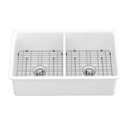 32"x19"x10" Undermount Double Bowl Fireclay Kitchen Sink - Dual Mount White Porcelain Fireclay Rectangular Deep Double Bowl Sink Basin