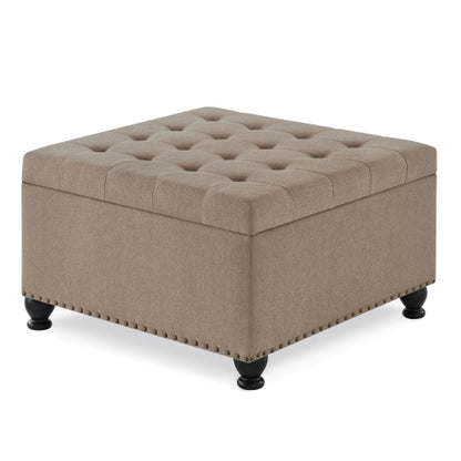 Linen Square Storage Ottoman, Button Tufted Ottoman Coffee Table with Nail Trim & Spindle Wood Legs, 30 inchW x30 inchD x18 inchH