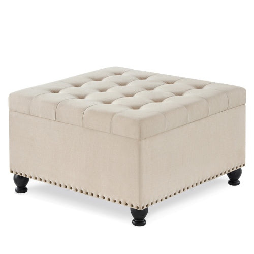 Beige Linen Square Storage Ottoman, Button Tufted Ottoman Coffee Table with Nail Trim & Wooden Legs, 30 inchW x30 inchD x18 inchH