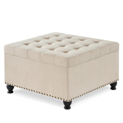 Beige Linen Square Storage Ottoman, Button Tufted Ottoman Coffee Table with Nail Trim & Wooden Legs, 30 inchW x30 inchD x18 inchH