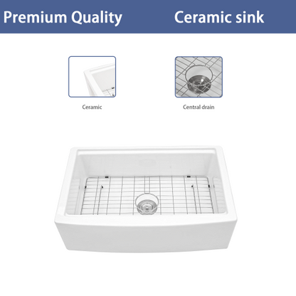 White Farmhouse Sink Workstation - 33 x 21 x 10 inch White Porcelain Ceramic Single Bowl Farm Kitchen Sink
