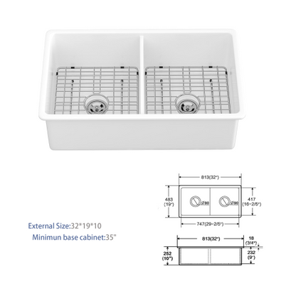 32"x19"x10" Undermount Double Bowl Fireclay Kitchen Sink - Dual Mount White Porcelain Fireclay Rectangular Deep Double Bowl Sink Basin