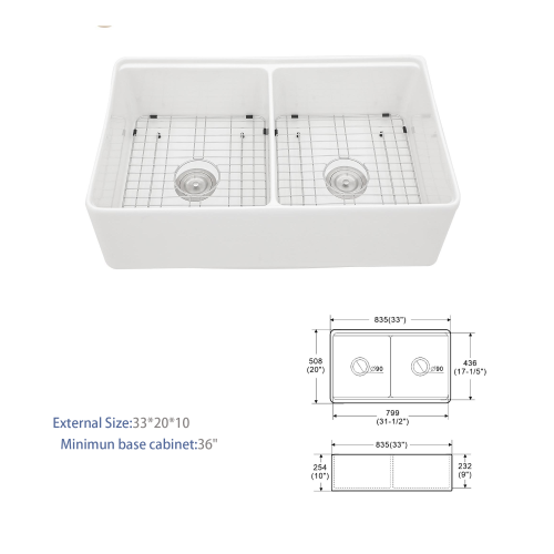 White Farmhouse Sink Workstation - 33 x 20 x 10 inch White Ceramic Porcelain Double Bowl Farm Kitchen Sink