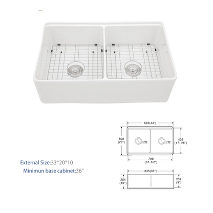 White Farmhouse Sink Workstation - 33 x 20 x 10 inch White Ceramic Porcelain Double Bowl Farm Kitchen Sink