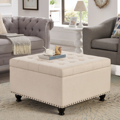 Beige Linen Square Storage Ottoman, Button Tufted Ottoman Coffee Table with Nail Trim & Wooden Legs, 30 inchW x30 inchD x18 inchH