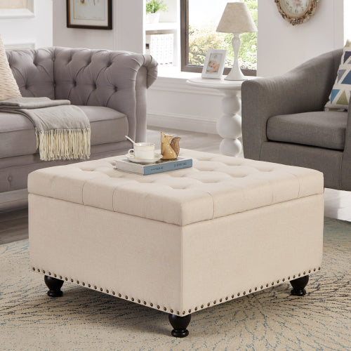 Beige Linen Square Storage Ottoman, Button Tufted Ottoman Coffee Table with Nail Trim & Wooden Legs, 30 inchW x30 inchD x18 inchH