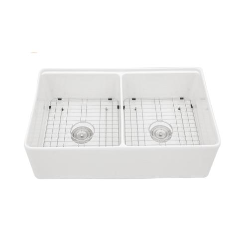 White Farmhouse Sink Workstation - 33 x 20 x 10 inch White Ceramic Porcelain Double Bowl Farm Kitchen Sink