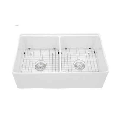White Farmhouse Sink Workstation - 33 x 20 x 10 inch White Ceramic Porcelain Double Bowl Farm Kitchen Sink