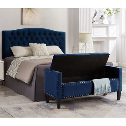 Upholstered Tufted Button Storage Bench with nails trim,Entryway Living Room Soft Padded Seat with Armrest,Bed Bench -Navy