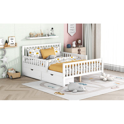 Full Size Wood Platform Bed with Guardrails on Both Sides and Two Storage Drawers ,White
