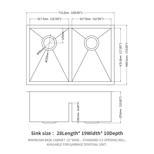 Double Bowl(50/50) Undermount Sink- 28"x19"x10" Double Bowl Kitchen Sink 16 Gauge with Two 10" Deep Basin