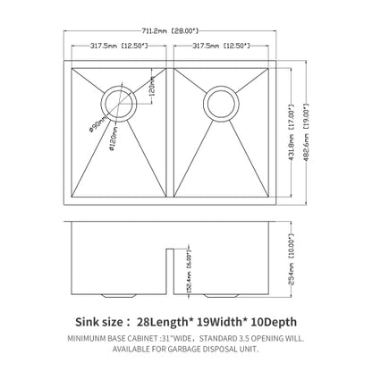 Double Bowl(50/50) Undermount Sink- 28"x19"x10" Double Bowl Kitchen Sink 16 Gauge with Two 10" Deep Basin
