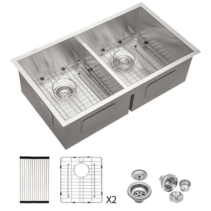Double Bowl(50/50) Undermount Sink- 28"x19"x10" Double Bowl Kitchen Sink 16 Gauge with Two 10" Deep Basin