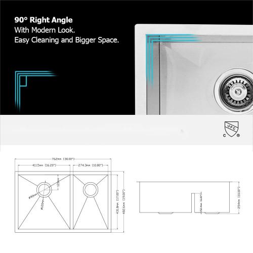 30"x19"x10" Undermount Double Bowl(60/40) Kitchen Sink - 16 Gauge with Two 10" Deep Basin