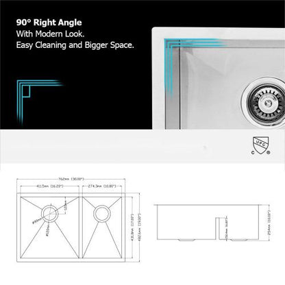 30"x19"x10" Undermount Double Bowl(60/40) Kitchen Sink - 16 Gauge with Two 10" Deep Basin
