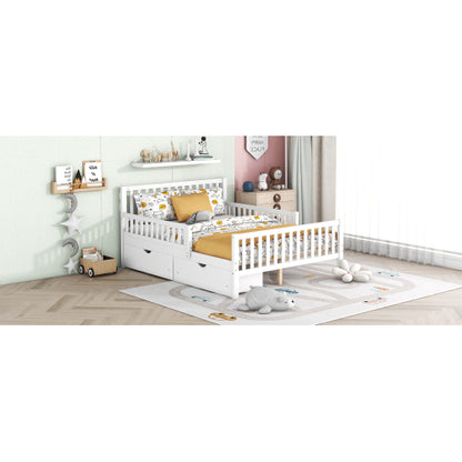 Full Size Wood Platform Bed with Guardrails on Both Sides and Two Storage Drawers ,White