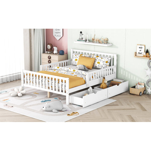 Full Size Wood Platform Bed with Guardrails on Both Sides and Two Storage Drawers ,White