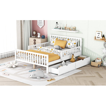 Full Size Wood Platform Bed with Guardrails on Both Sides and Two Storage Drawers ,White